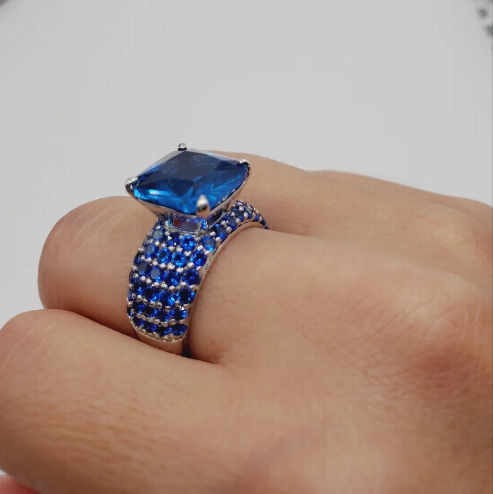 6 Carat Square Cushion Lab Created Blue Spinel Rhodium 925 Sterling Silver Ring